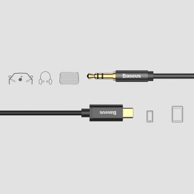 11. Baseus kabel audio stereo przejściówka AUX 3,5 mm mini jack - USB Typ C do telefonu tabletu 120cm czarny (CAM01-01)