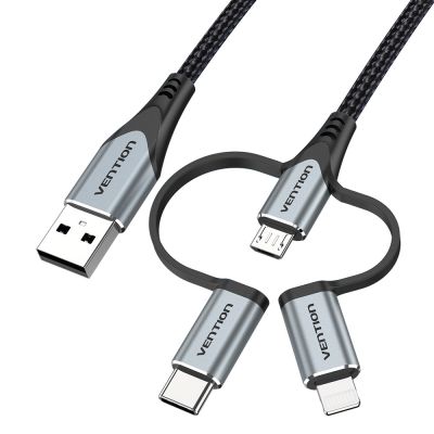 6. Kabel Vention USB-A  3w1 Micro-B USB-C Lightning 1m szary