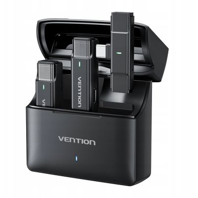 3. Zestaw 2 bezprzewodowych mikrofonów krawatowych Vention USB-C z etui ładującym czarny