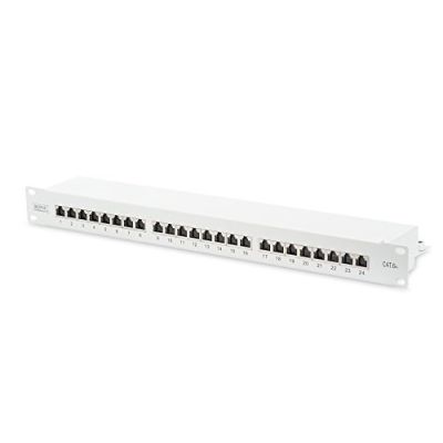 7. Digitus Panel krosowy (patch panel) 19'' 24x RJ45, LSA poziom, kat.6A, ekranowany, 1U, szary, prowadnica kabli