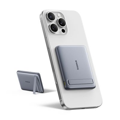 2. Powerbank Baseus PicoGo AM31 Qi2 5000mAh 20W ultracienki kompatybilny z MagSafe z podstawką z kablem plecionym Baseus Simple USB-C 20cm - szary