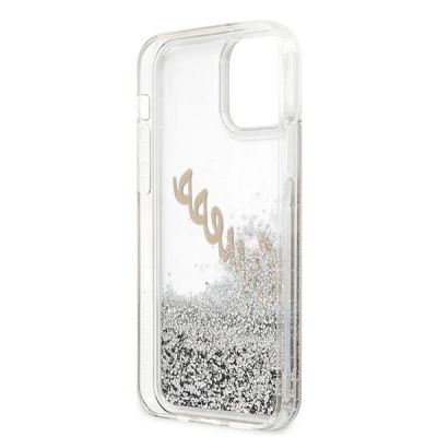 8. Etui Guess Glitter Vintage Script na iPhone 12 Pro Max - srebrne