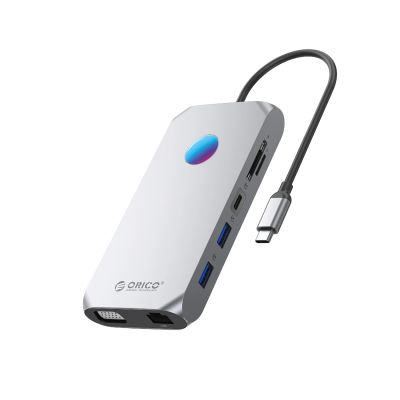 Stacja dokująca USB-C Orico XCR 12w1 RGB 3x USB-A 3.1 1x USB-A 2.0 1x USB-C PD 100 W 1x USB-C 3.1 1x HDMI 1.4 4K 30Hz 1x VGA 1080p 1x microSD/SD 3.0 1x RJ Gigabit Ethernet 1x Audio CTIA 3,5 mm - szara
