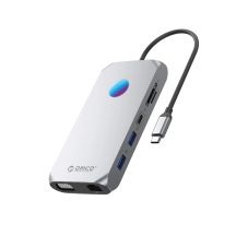 Stacja dokująca USB-C Orico XCR 12w1 RGB 3x USB-A 3.1 1x USB-A 2.0 1x USB-C PD 100 W 1x USB-C 3.1 1x HDMI 1.4 4K 30Hz 1x VGA 1080p 1x microSD/SD 3.0 1x RJ Gigabit Ethernet 1x Audio CTIA 3,5 mm - szara