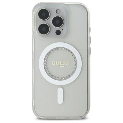 3. Etui Guess IML Rhinestones MagSafe na iPhone 16 Pro - białe