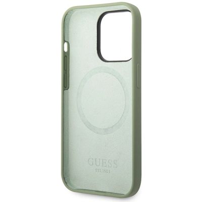 7. Etui Guess Silicone Logo Plate MagSafe na iPhone 14 Pro Max - zielone