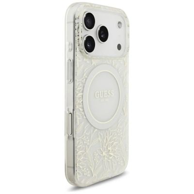 4. Etui Guess IML Flowers Allover Electroplated with Pearl Strap MagSafe na iPhone 18 Pro / 17 Pro - białe