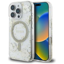Etui Guess Resin Flowers Glitter MagSafe na iPhone 16 Pro - beżowe