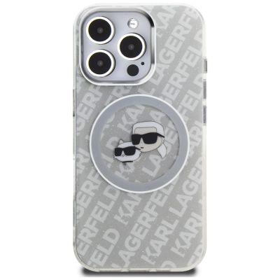3. Etui Karl Lagerfeld IML Glitter Karl & Choupette Heads Logo MagSafe na iPhone 16 Pro Max - szare