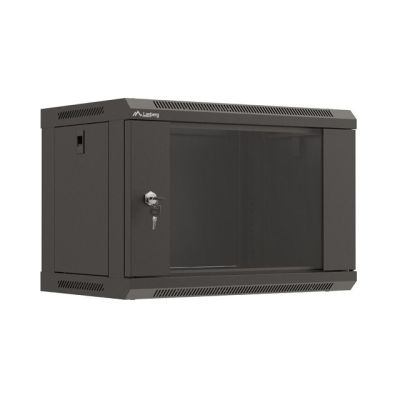 15. Szafa instalacyjna rack wisząca 19" 6U 540x350 czarna drzwi przeszklone LANBERG (Flat Pack)