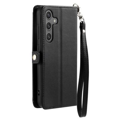 14. Etui na Samsung Galaxy A56 5G skórzane z portfelem funkcją podstawki i paskami - czarne
