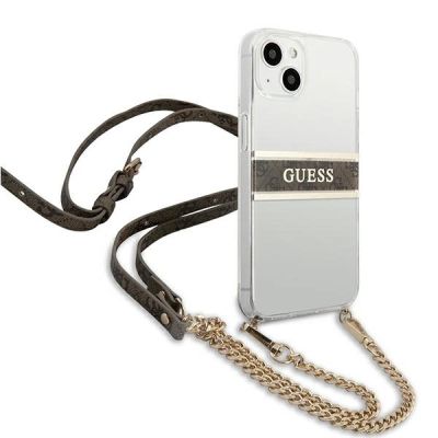 4. Etui Guess 4G Brown Strap Gold Chain na iPhone 13 mini - przezroczyste