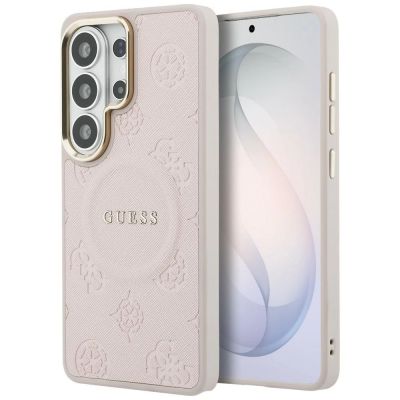 Etui Guess Saffiano Peony Embossed Ring MagSafe na Samsung Galaxy S26 Ultra - różowe