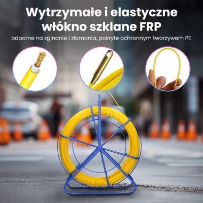 5. WŁÓKNO SZKLANE DO PRZECIĄGANIA KABLI 4,5mm / 75m (PILOT / STALKA) PE + STOJAK