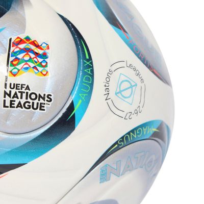 4. Piłka nożna adidas UEFA Nations League 26/27 Pro biało-niebiesko-pomarańczowa KE7539