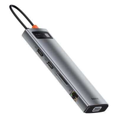 4. Baseus Metal Gleam 11w1 wielofunkcyjny HUB USB Typ C - 3x USB 3.2 Gen 1 5Gbps / USB Typ C PD 100W / 3,5 mm mini jack AUX / VGA Full HD 60Hz / 2x HDMI 4K 30Hz / czytnik kart TF i SD / RJ45 1Gbps szary (CAHUB-CT0G)
