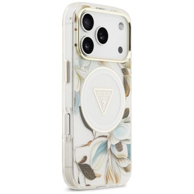 4. Etui Guess IML Glitter Flowers Triangle MagSafe na iPhone 18 Pro Max / 17 Pro Max - białe