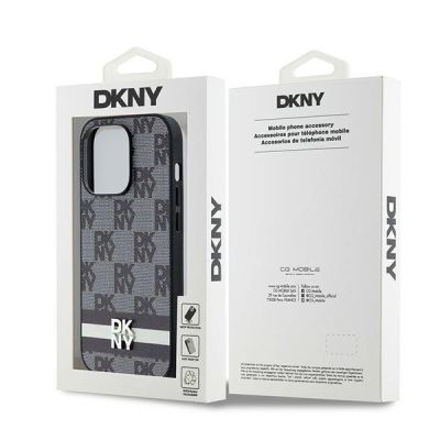 8. Etui DKNY Leather Checkered Mono Pattern & Printed Stripes na iPhone 14 Pro - czarne