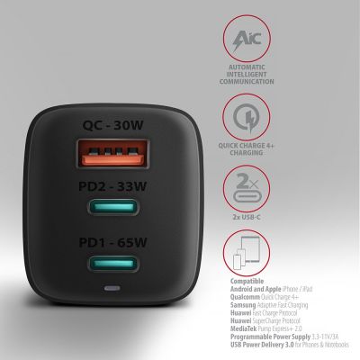 4. AXAGON ACU-DPQ65 Ładowarka sieciowa, GaN 65W, 3x port (USB-A + dual USB-C), PD3.0/QC4+/PPS/Apple