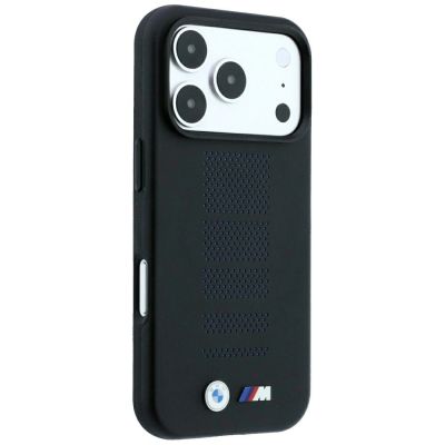 4. Etui BMW M Blue Perfo Metal Logo MagSafe na iPhone 18 Pro / 17 Pro - czarne
