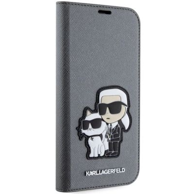 5. Etui Karl Lagerfeld Saffiano Karl&Choupette na iPhone 14 - srebrne