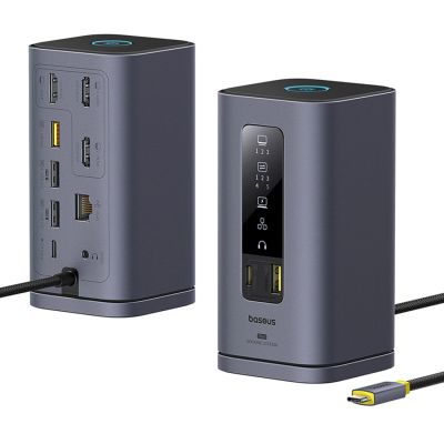 4. Stacja dokująca Baseus Spacemate hub USB-C 11w1 3xHDMI 4K 60Hz + 2xUSB-A (10Gb/s) + 1xUSB-C (10Gb/s) + RJ45 + 2xUSB-A (480Mb/s) + 1xUSB-C (PD) + 1xMinijack 3,5mm - szara