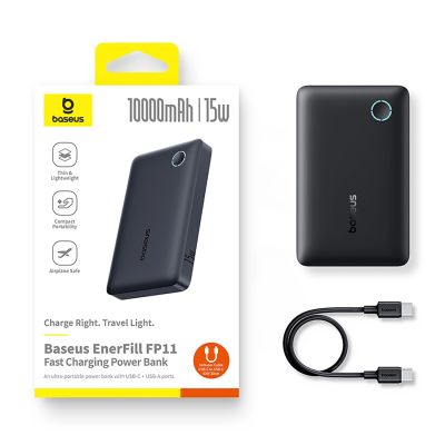 15. Powerbank Baseus EnerFill FP11 10000mAh 15W (z czarnym kablem Simple USB-C - USB-C 20V/3A 30cm) - czarny