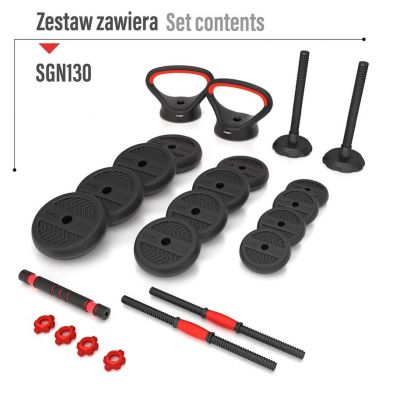 10. Zestaw ciężarów 6w1 HMS SGN130 (sztanga, sztangielki i kettlebell) 30kg