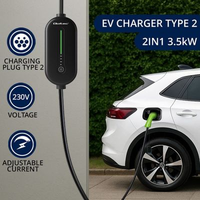 3. Mobilna ładowarka do samochodu elektrycznego EV z regulacją 2w1 Typ2, 3.5kW, 230V, LCD, LED, 5m