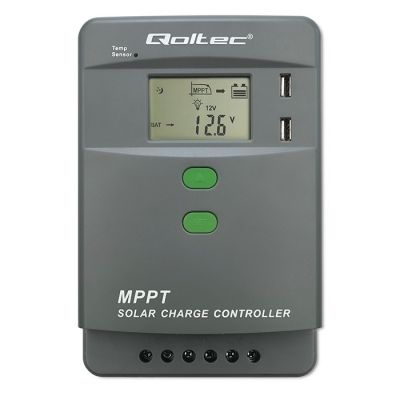 7. Solarny regulator ładowania MPPT Qoltec 53662 z czujnikiem temperatury 30A 12V/24V LCD 2xUSB Bluetooth APP GEL LiFePO4
