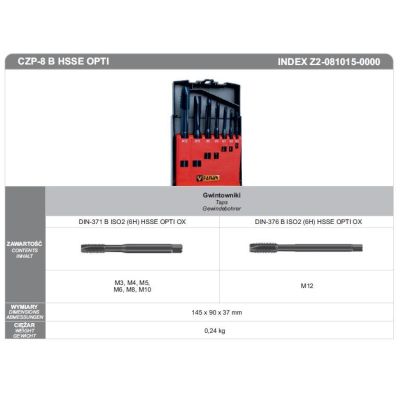 GWINTOWNIKI ZESTAW M3-M12 DIN-371B/DIN-376B (6H) HSSE CZP-8 OPTI