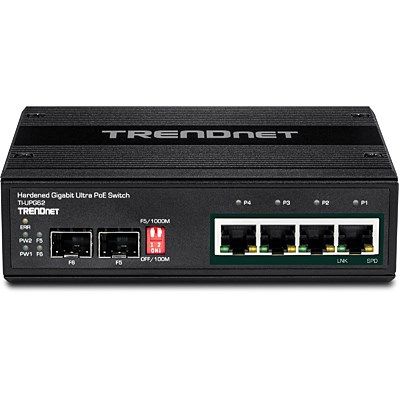 4. Przełącznik TRENDnet TI-UPG62 - Niezarządzalny - 4 x 10/100/1000 (PoE+) + 2 x Gigabit SFP - Możliwość montażu na szynie DIN, Montaż na ścianie - PoE+ (240W) - DC