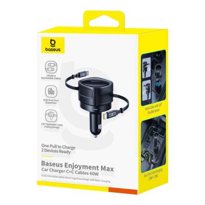 4. Ładowarka samochodowa Baseus Enjoyment Max 60W z dwoma zwijanymi kablami USB-C - czarna