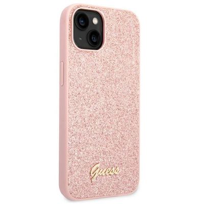 4. Etui Guess Glitter Script na iPhone 14 Plus - różowe