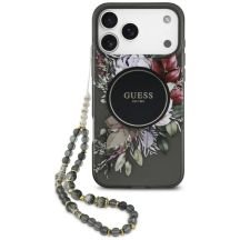 Etui Guess IML Flowers Pearl Strap MagSafe na iPhone 18 Pro Max / 17 Pro Max - czarne