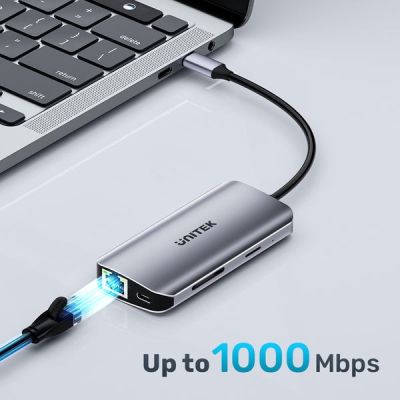 12. UNITEK AKTYWNY HUB USB-C 2X HDMI, CZYTNIK SD, 4K, RJ-45, PD 100W, 5 GBPS