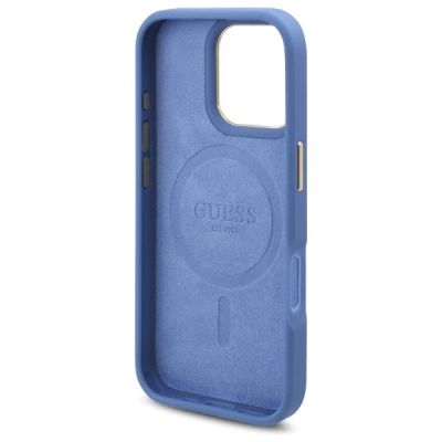 7. Etui Guess 4G Logo Plate MagSafe na iPhone 16 Pro - niebieskie