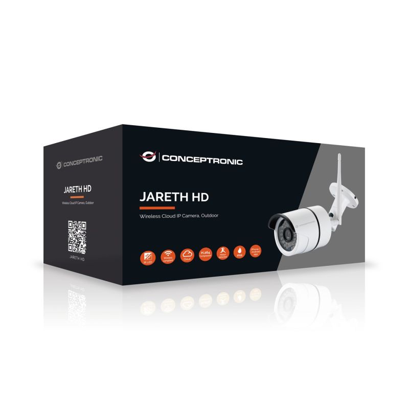 2. Bezprzewodowa kamera IP w chmurze Conceptronic JARETH HD - Sieciowa kamera bezpieczeństwa - Zewnętrzna - Odporna na warunki atmosferyczne - Kolor (dzień i noc) - 1,3 MP - 1280 x 720 - 720p - Stała ogniskowa - Bezprzewodowa - Wi-Fi - LAN 10/100 - H.26