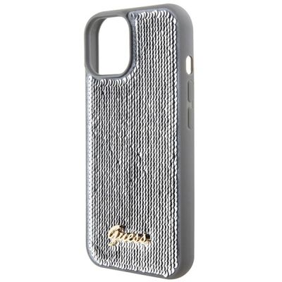 6. Etui Guess Sequin Script Metal na iPhone 15 - srebrne