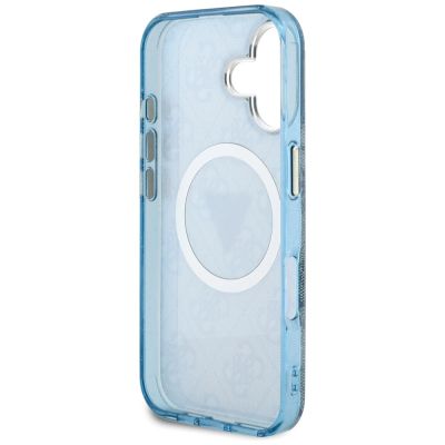 7. Etui Guess IML Metal Glitter 4G Circle Triangle MagSafe na iPhone 16 - niebieskie