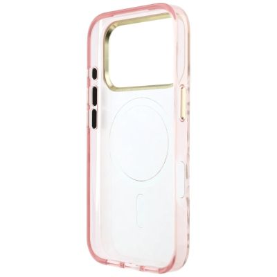 7. Etui Guess IML Leopard Glitter Triangle Logo MagSafe na iPhone 17 Pro / 18 Pro - różowe