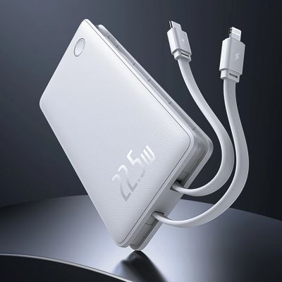 14. Powerbank Baseus Airpow Lite 10000mAh 22,5W z wbudowanymi kablami USB-C i Lightning - biały