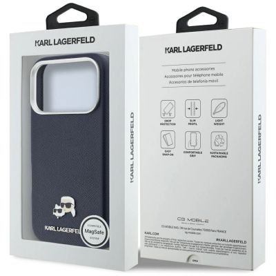 8. Etui Karl Lagerfeld Karl & Choupette Head Pins Saffiano MagSafe na iPhone 17 Pro Max - niebieskie