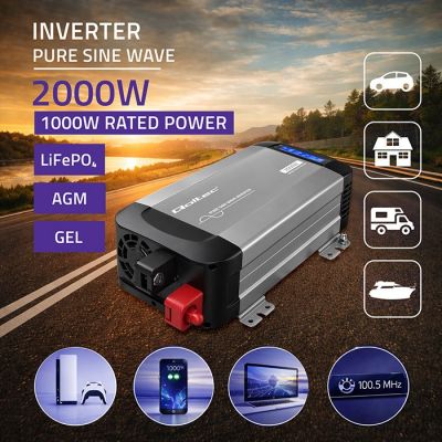 3. Qoltec Przetwornica napięcia Pure Sine Wave | 12V na 230V | 1000/2000W | LCD | USB | USB-C | Kompatybilna z LiFePO4 GEL AGM