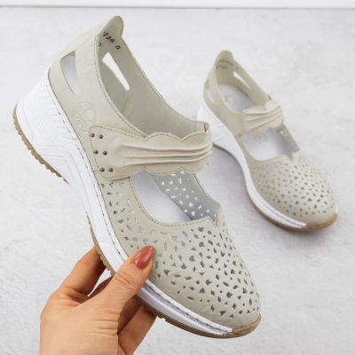 2. Skórzane półbuty ażurowe na rzep beżowe Rieker N4382-60