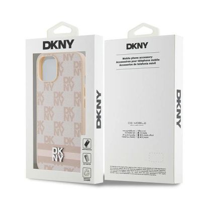 8. Etui DKNY Leather Checkered Mono Pattern & Printed Stripes na iPhone 15 Plus / 14 Plus - różowe
