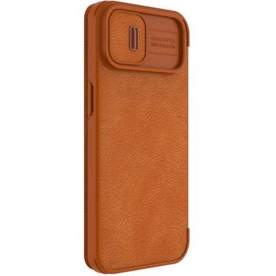 6. Nillkin Qin Leather Pro Case etui iPhone 14 Plus osłona na aparat kabura pokrowiec obudowa z klapką brązowy