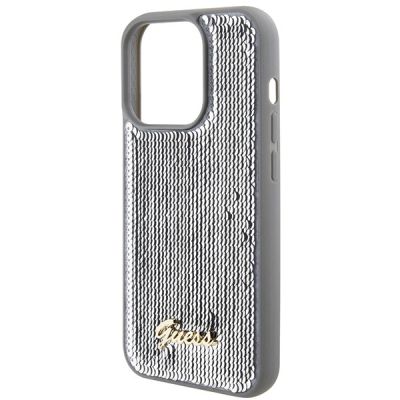 6. Etui Guess Sequin Script Metal na iPhone 15 Pro - srebrne