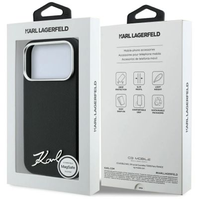 8. Etui Karl Lagerfeld Saffiano Small Script Metal Logo MagSafe na iPhone 17 Pro Max / 18 Pro Max - czarne