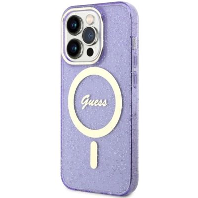 2. Etui Guess Glitter Gold MagSafe na iPhone 14 Pro - purpurowe